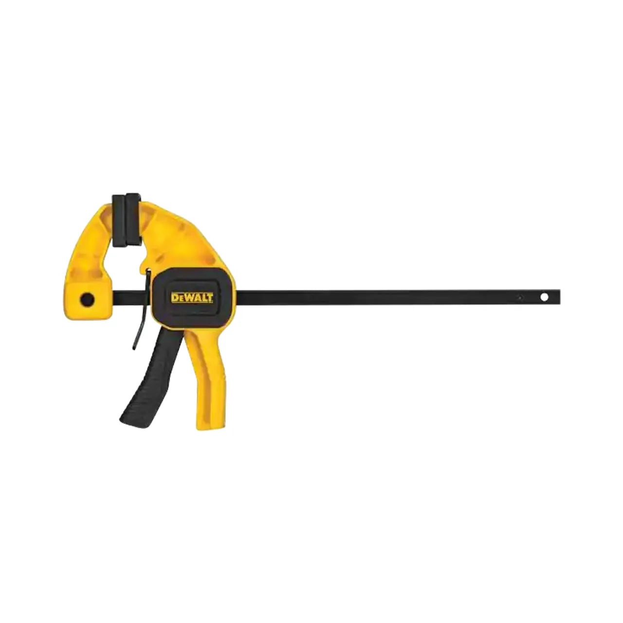 A Go Build 4-1/2 in. trigger clamp with 1-1/2 in. throat depth offers 35 lbs. clamping force and one-handed operation, ideal for woodworking or construction, shown against a white background.